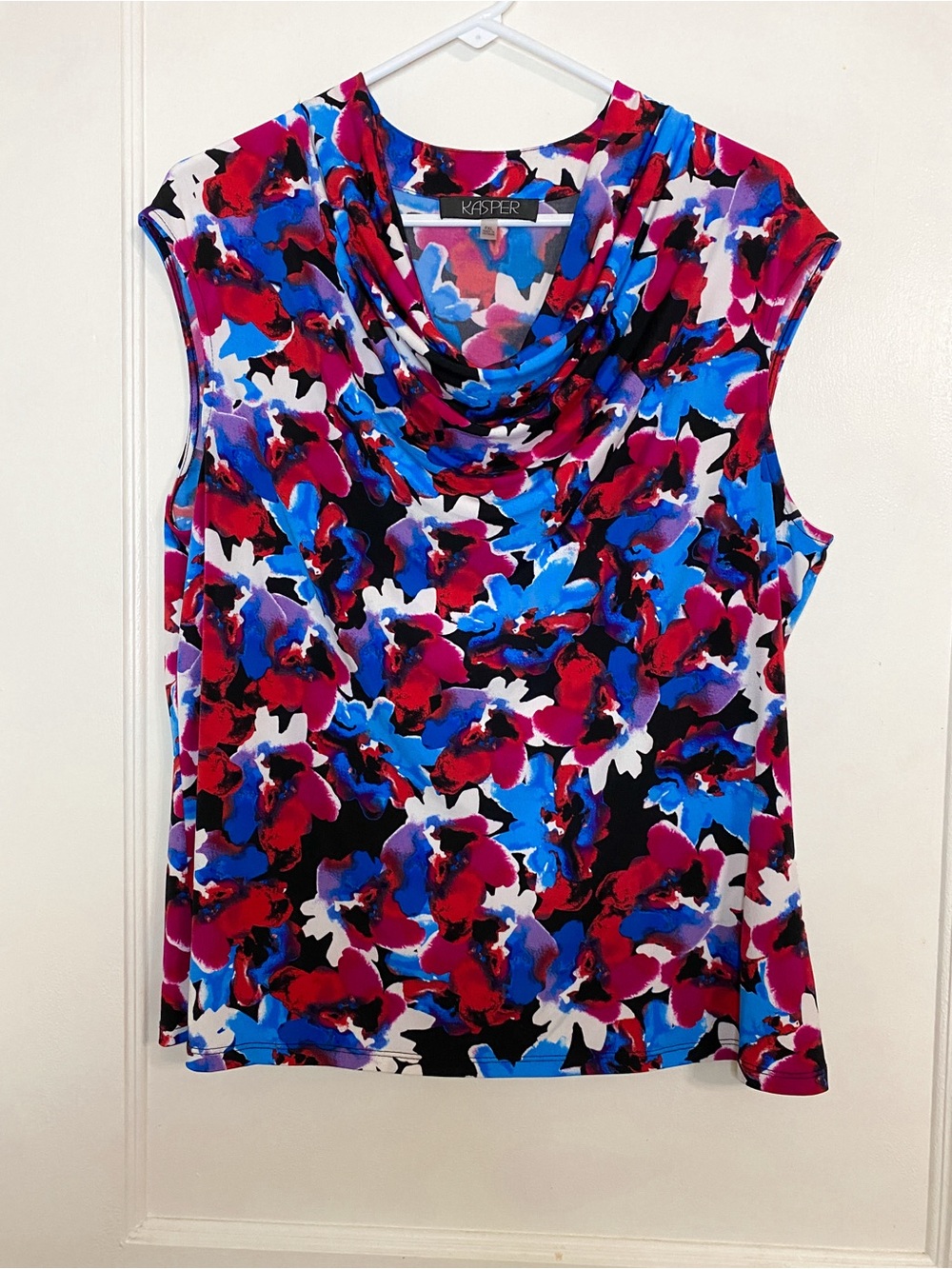 Kasper Blue, Fuchsia & Black Floral Cowl Neck Sleeveless Top